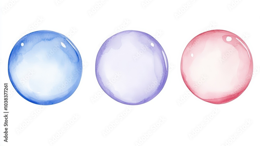 Three different colored spheres, one blue, one purple, and one pink Three different colored spheres, one blue, one purple, and one pink