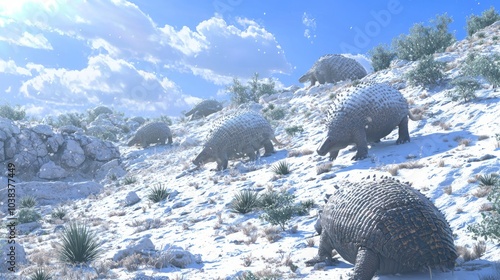 Prehistoric Ice Age Landscape: Giant Armadillos Foraging on Snowy Hillside photo