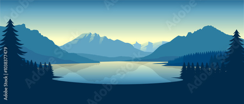 Blue mountain landscape wallpaper in a minimalist flat design style. Minimalist beauty background for desktop and wallpaper
