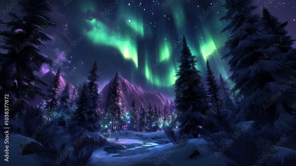 Fototapeta premium A mesmerizing display of the Northern Lights dancing across the night sky, in shades of green, blue, and purple. Below, a snow-covered forest stands illuminated by the soft glow of the aurora