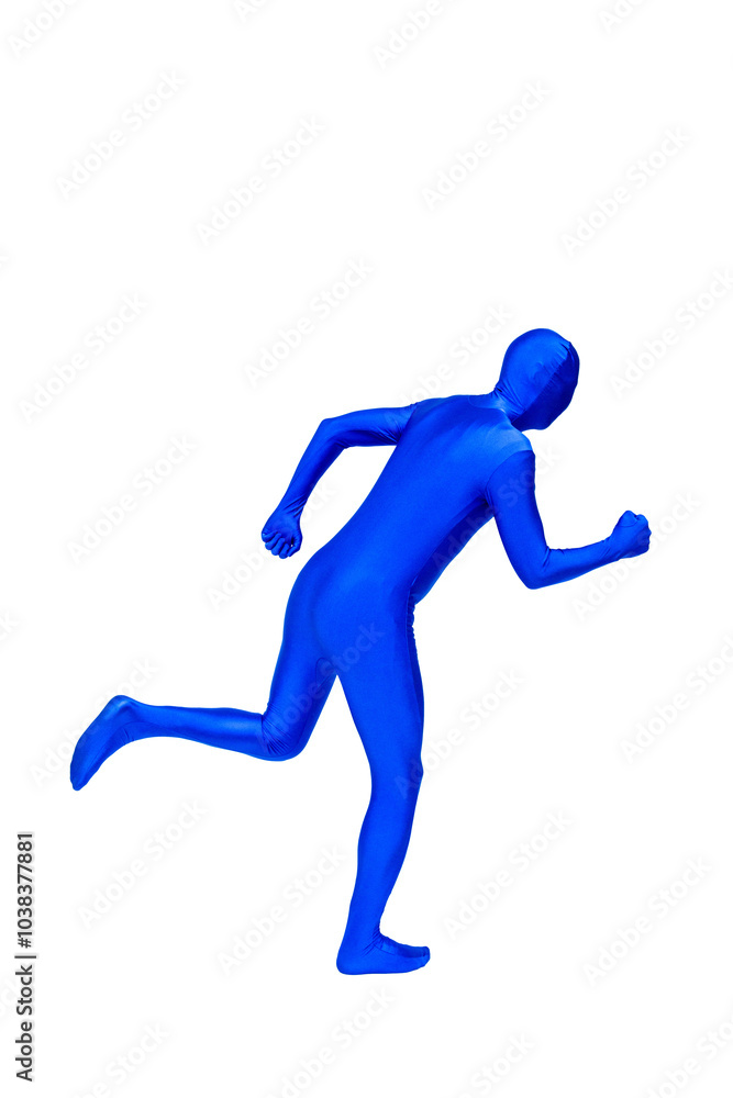 Mysterious blue man in blue suit shows running Mysterious blue man in blue suit shows running