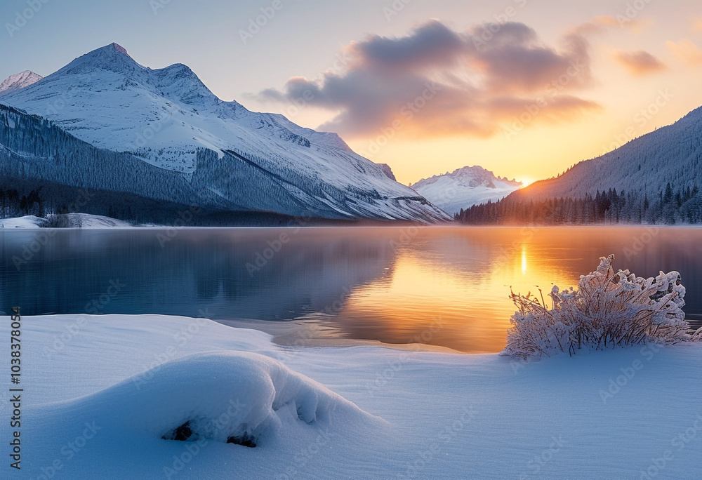 sunrise on snow mountains and lakes sunrise on snow mountains and lakes
