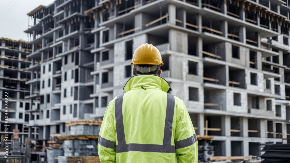 Construction worker observing building site with safety gear. Construction worker observing building site with safety gear.