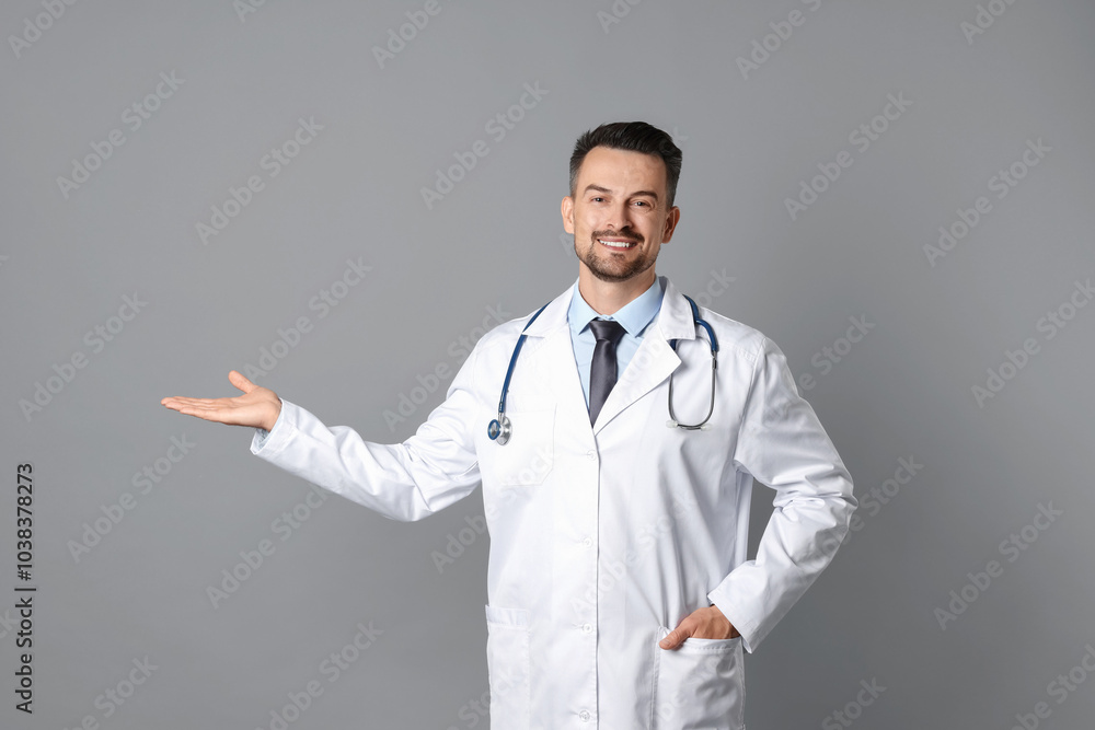 Smiling doctor with stethoscope pointing at something on grey background Smiling doctor with stethoscope pointing at something on grey background