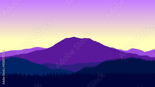 Purple mountain landscape wallpaper in a minimalist flat design style. Minimalist beauty background for desktop and wallpaper