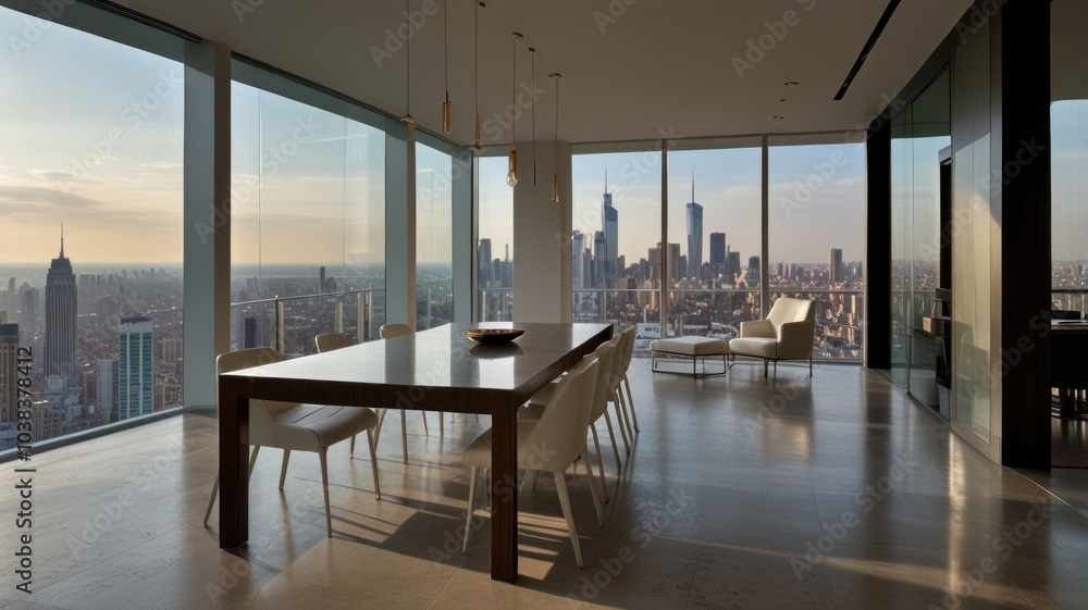 a modern and minimalist dining room with a stunning panoramic view of a cityscape. The room features large floor-to-ceiling windows that offer breathtaking views of the city skyline. a modern and minimalist dining room with a stunning panoramic view of a cityscape. The room features large floor-to-ceiling windows that offer breathtaking views of the city skyline.