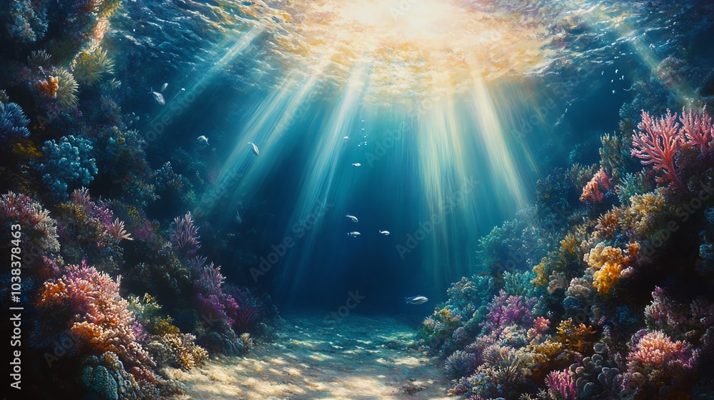 Underwater coral reef with sunlight rays Underwater coral reef with sunlight rays