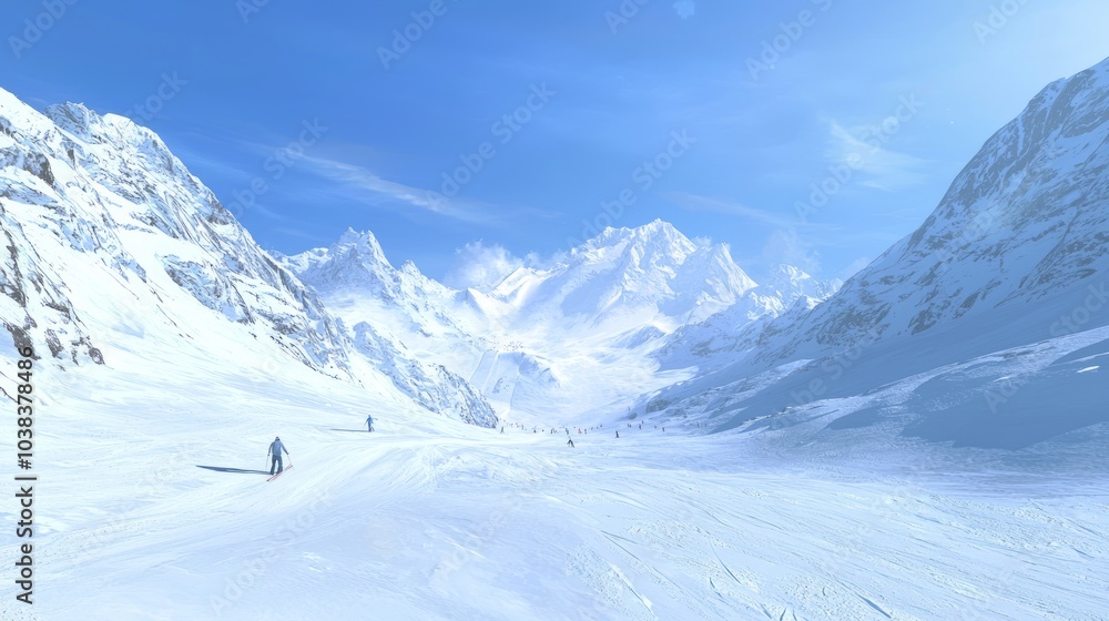 Obraz premium Majestic Ice Age Mountain Range: Skiers Gliding Through Powdery Snow on a Clear Winter Day