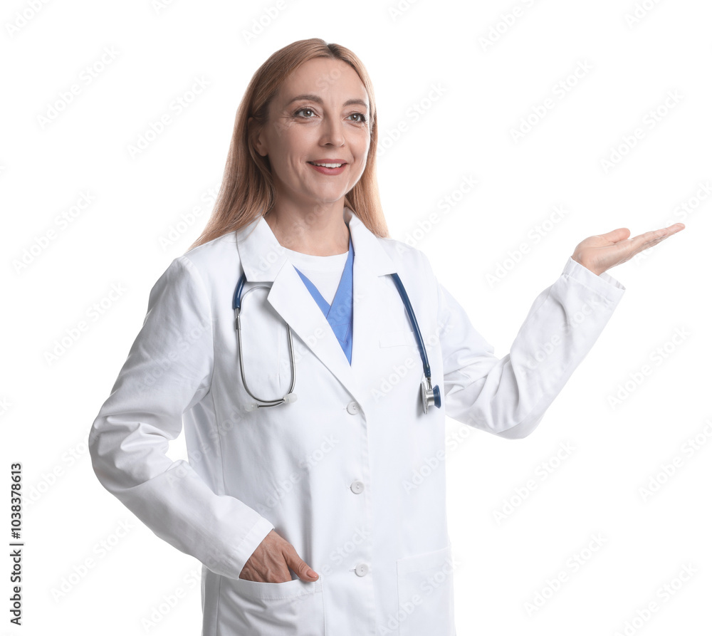 Doctor with stethoscope showing something on white background Doctor with stethoscope showing something on white background