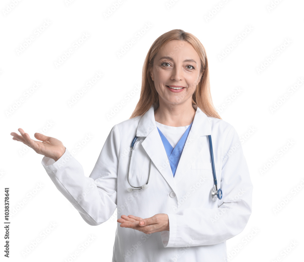 Doctor with stethoscope showing something on white background Doctor with stethoscope showing something on white background