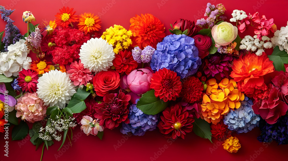 Colorful Flower Arrangement on Red Background. Colorful Flower Arrangement on Red Background.