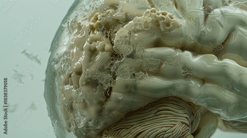 Obraz premium Close-up of human brain model with visible tumor, neutral background, soft lighting, medical focus, detailed representation, educational tool for medical professionals and students.
