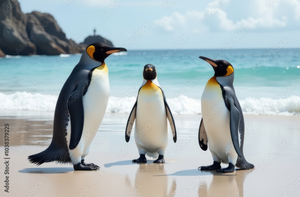 Fototapeta premium Three king penguins stand on the warm sand of the beach next to the turquoise-blue sea.