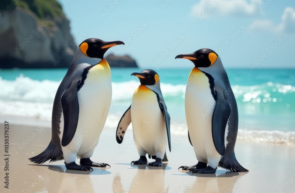 Fototapeta premium King penguins stand on a beach with light sand next to the blue ocean water on a sunny day.