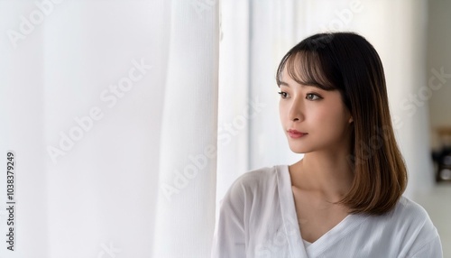 Free Download 考え事をしている若いアジア人の女性。（A young Asian woman thinking.）
 - GFXLoad