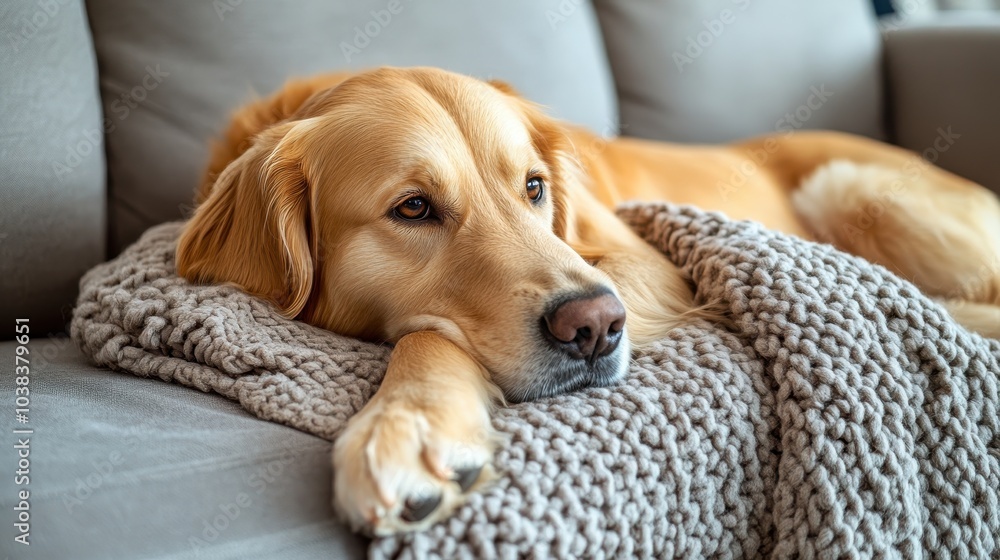 happy golden retriever dog is lying on a cozy sofa in a modern living room happy golden retriever dog is lying on a cozy sofa in a modern living room