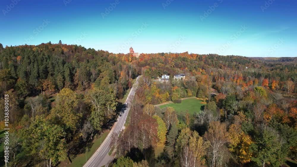 Aerial view of a vibrant autumn landscape with a winding road Aerial view of a vibrant autumn landscape with a winding road