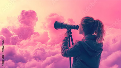 Woman Looking Through Telescope at Pink Clouds.