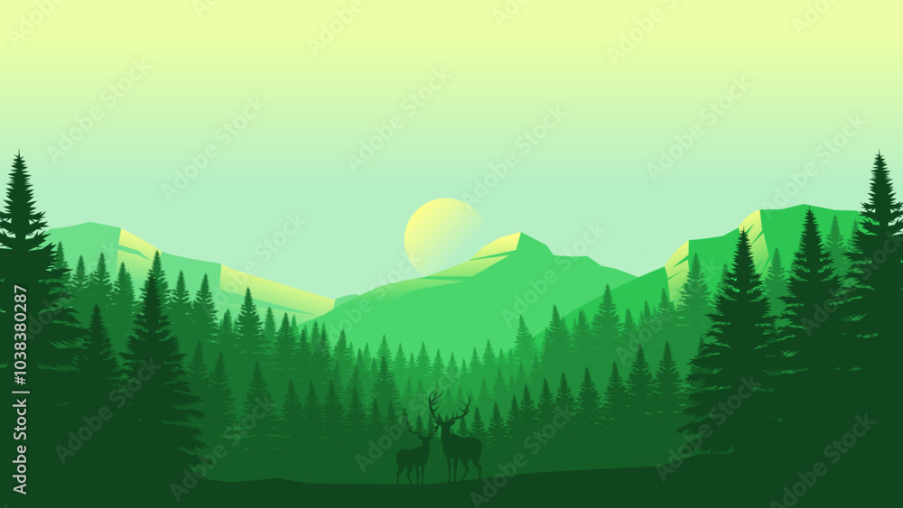 Obraz premium Green mountain landscape wallpaper in a minimalist flat design style. Minimalist beauty background for desktop and wallpaper