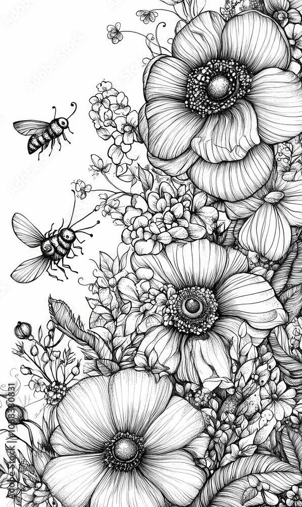 Black and white floral illustration with bees. Black and white floral illustration with bees.