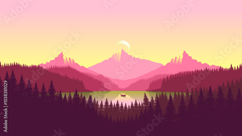 Pink mountain landscape wallpaper in a minimalist flat design style. Minimalist beauty background for desktop and wallpaper