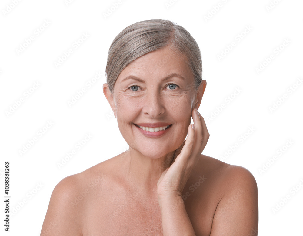 Face massage. Beautiful woman with healthy skin on white background Face massage. Beautiful woman with healthy skin on white background