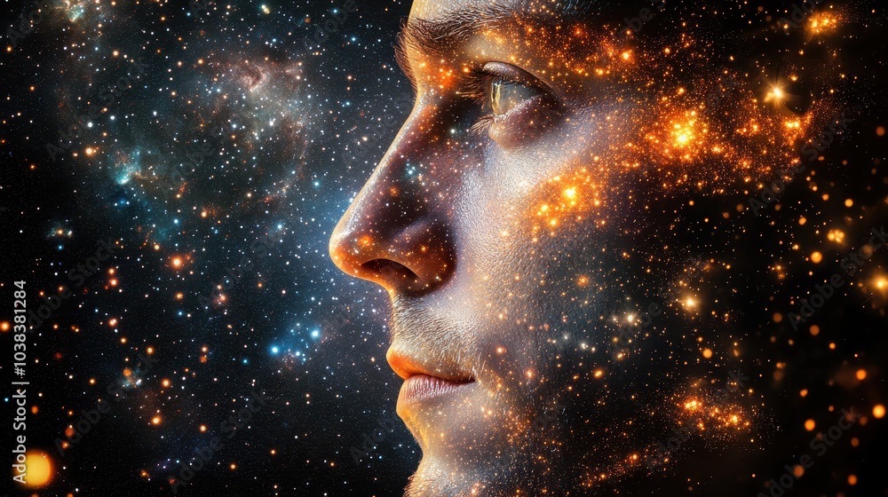 Portrait of a man on background of stars and universe, space theme in the retro futurism style of the 60s. Generative AI. Portrait of a man on background of stars and universe, space theme in the retro futurism style of the 60s. Generative AI.
