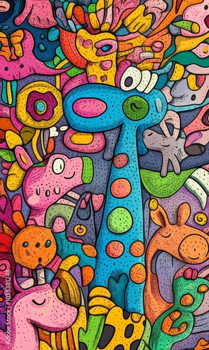 Colorful abstract doodle art with whimsical characters.