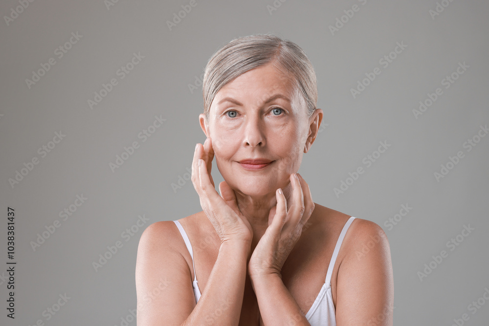 Face massage. Beautiful woman with healthy skin on grey background Face massage. Beautiful woman with healthy skin on grey background