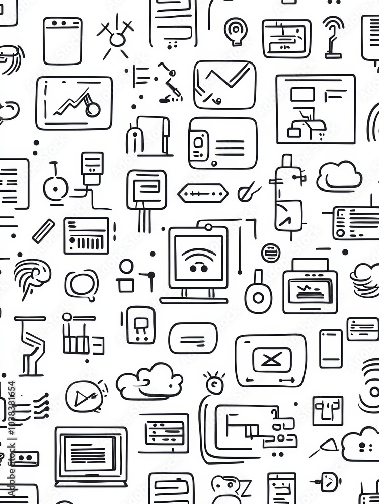 A collection of sketches featuring various technology items like computers, smartphones, and coding symbols arranged in a creative layout. Generative AI A collection of sketches featuring various technology items like computers, smartphones, and coding symbols arranged in a creative layout. Generative AI