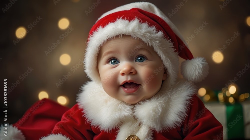 A baby dressed as Santa Claus with a wide smile looks up at the camera with Christmas lights in the background. A baby dressed as Santa Claus with a wide smile looks up at the camera with Christmas lights in the background.