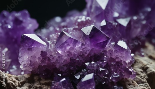 Stunning close-up of amethyst crystals with intricate facets and rich purple hues on a natural rock surface photo