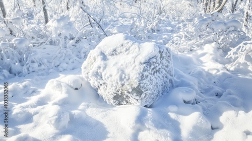 Frozen in Time - Close-up of Frost-Covered Boulder in Snow-Laden Forest with Intricate Patterns Revealed by Nature