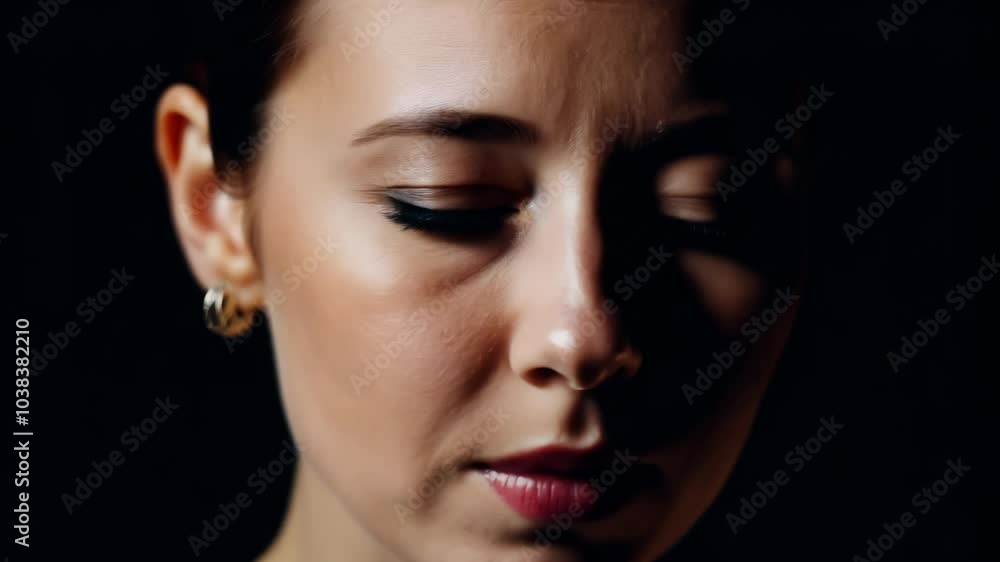 Close-up video of young woman with pixie cut, expressing fear transitioning to relief with dramatic side lighting and shadowy background. Close-up video of young woman with pixie cut, expressing fear transitioning to relief with dramatic side lighting and shadowy background.