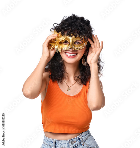 Smiling young woman in carnival mask isolated on white