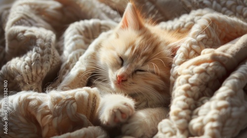 A kitten is sleeping on a blanket