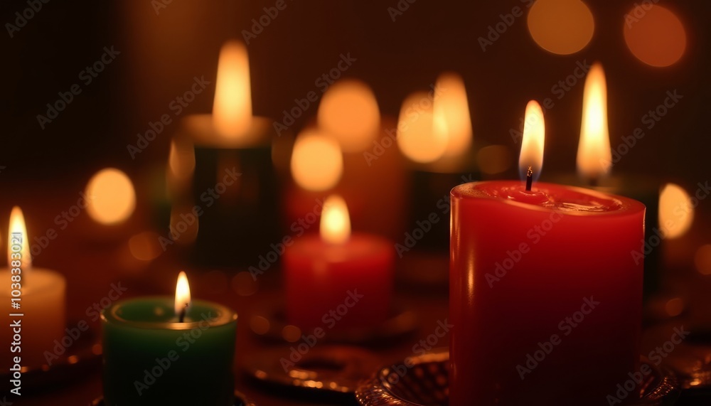 Colorful lit candles in serene setting creating a warm and inviting atmosphere Colorful lit candles in serene setting creating a warm and inviting atmosphere