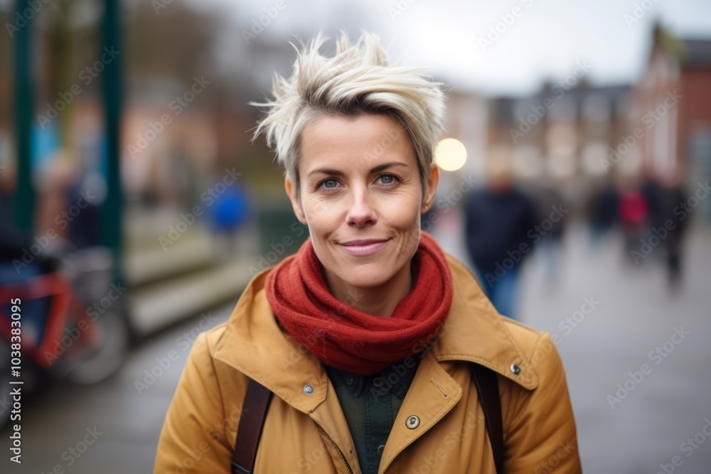 Portrait of a beautiful woman with short blond hair in the city Portrait of a beautiful woman with short blond hair in the city