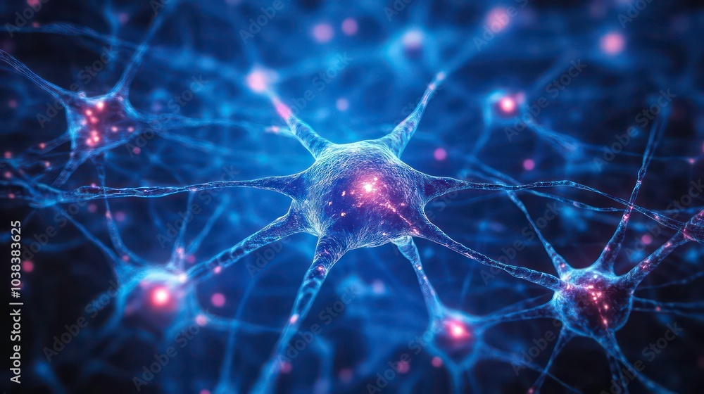 A close-up, 3D illustration of a glowing neuron cell with its axons and dendrites, on a dark blue background. A close-up, 3D illustration of a glowing neuron cell with its axons and dendrites, on a dark blue background.