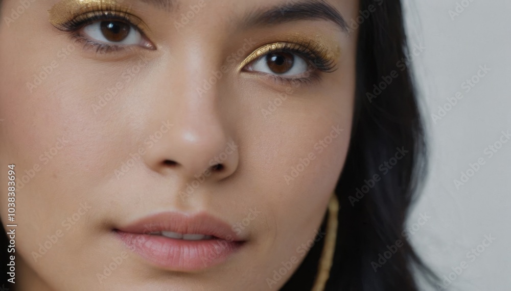 Close-up portraits of Asian woman with glamorous makeup and gold jewelry. Various angles showcasing beauty, elegance, and facial features. Close-up portraits of Asian woman with glamorous makeup and gold jewelry. Various angles showcasing beauty, elegance, and facial features.