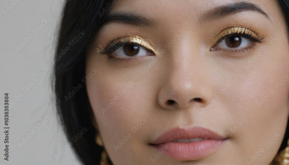 Close-up portraits of Asian woman with glamorous makeup and gold jewelry. Various angles showcasing beauty, elegance, and facial features. Close-up portraits of Asian woman with glamorous makeup and gold jewelry. Various angles showcasing beauty, elegance, and facial features.