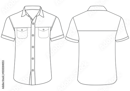 Short sleeved men sleeves formal resort shirt flat technical drawing vector illustration mockup template design