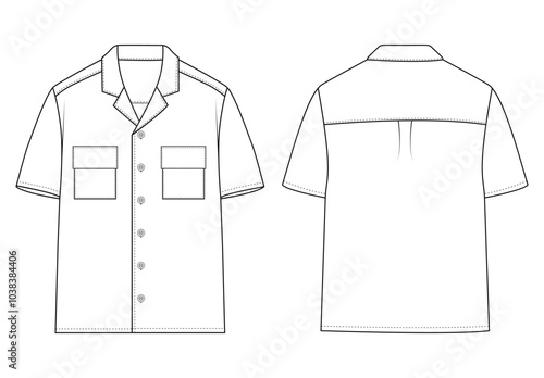 Short sleeved men sleeves formal resort shirt flat technical drawing vector illustration mockup template design