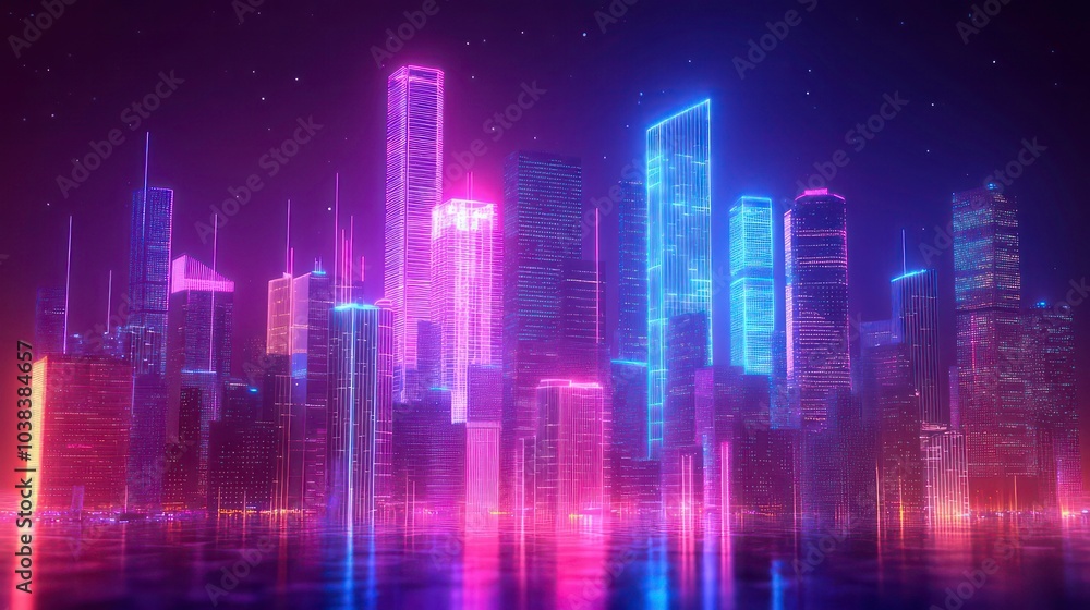 A futuristic cityscape with neon lights reflecting in the water at night. A futuristic cityscape with neon lights reflecting in the water at night.