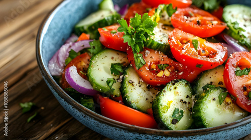 Fresh Cucumber and Tomato Salad with Red Onion and Parsley.