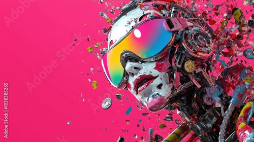 Wallpaper Mural Futuristic Robot with Rainbow Visor in Cyberpunk Style Torontodigital.ca