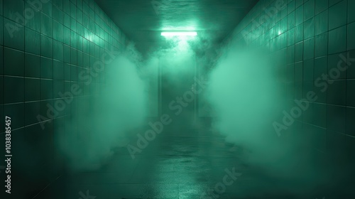 Mysterious green-lit hallway with an ominous door and fog creating an eerie atmosphere at night
