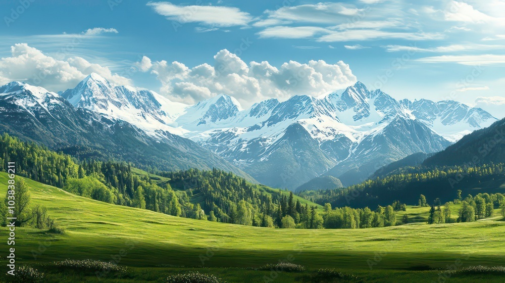 A scenic view of snow-capped mountains with lush green meadows and a blue sky with puffy clouds. A scenic view of snow-capped mountains with lush green meadows and a blue sky with puffy clouds.