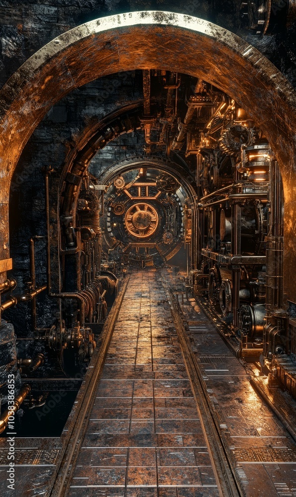 Fototapeta premium Rusty metallic hallway with a steampunk aesthetic.
