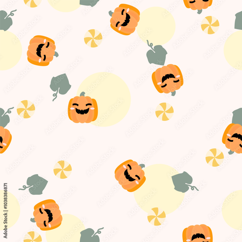 Cute smiling halloween pumpkin scattered on pale color background with moon, leaves and candies Cute smiling halloween pumpkin scattered on pale color background with moon, leaves and candies